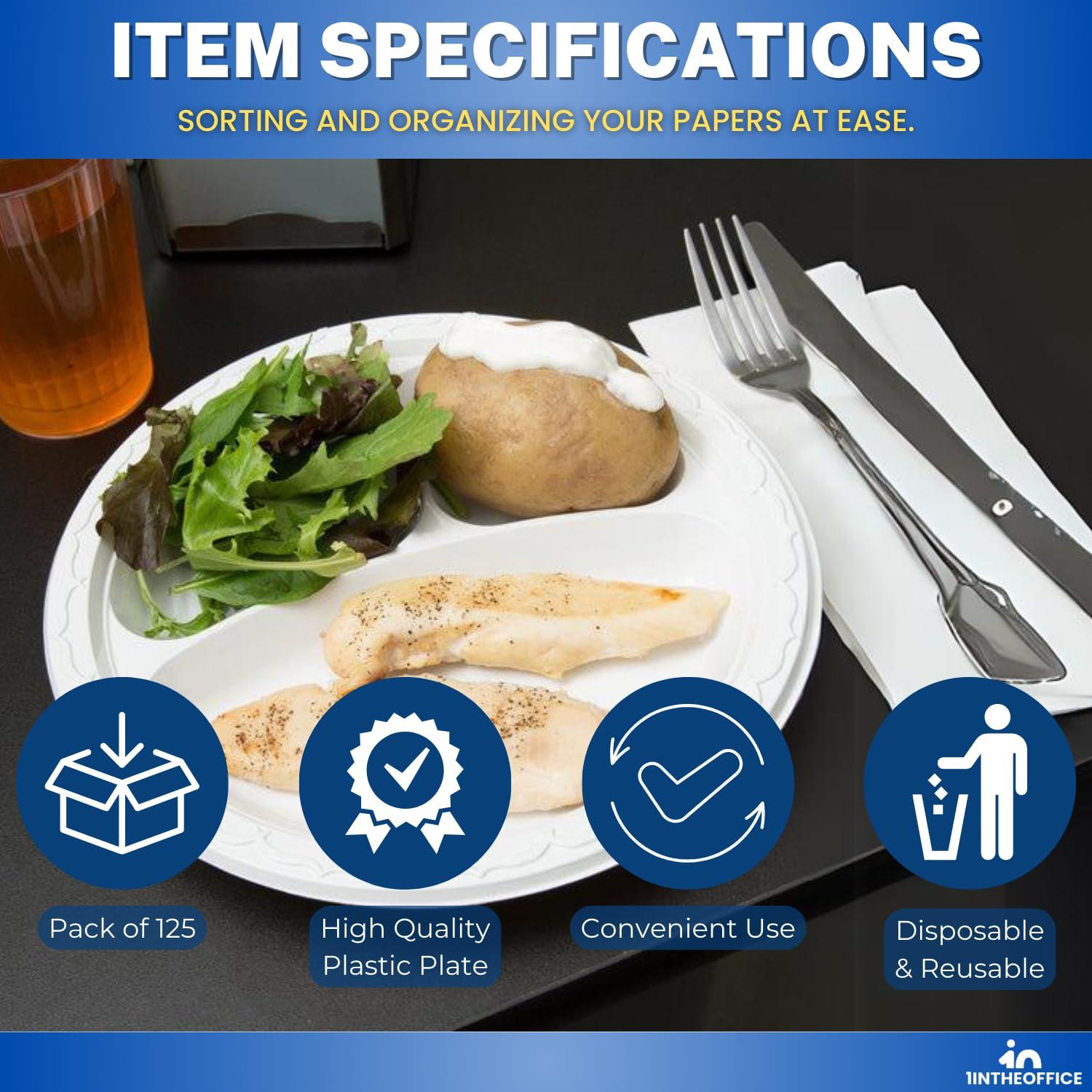 1InTheHome 1InTheHome 3 Compartment plates 9 inch Plastic Sectional Plates, Disposable Plates with Compartment, Round White Sectional Plates 9-inch diameter 125 pcs