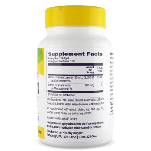 Healthy Origins Healthy Origins Vitamin D3 & K2 - Vitamin D3, 50 mcg - Vitamin K2, 200 mcg - Easily Absorbable Vitamin D & Vitamin K Supplements - Non-GMO & Gluten-Free Supplements - 60 Softgels