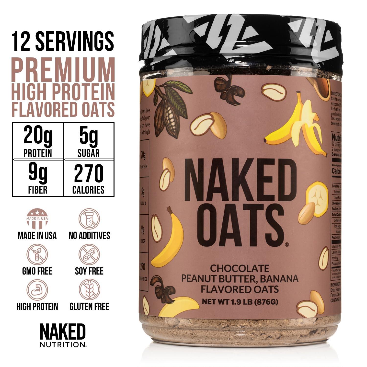 NAKED Naked Oats - Chocolate PB Banana Overnight Oats, 20g Whey Protein, Gluten-Free Oatmeal Instant Breakfast or Shake, High Protein Oatmeal, High Fiber Breakfast Shake, Non GMO, No Soy - 12 Servings
