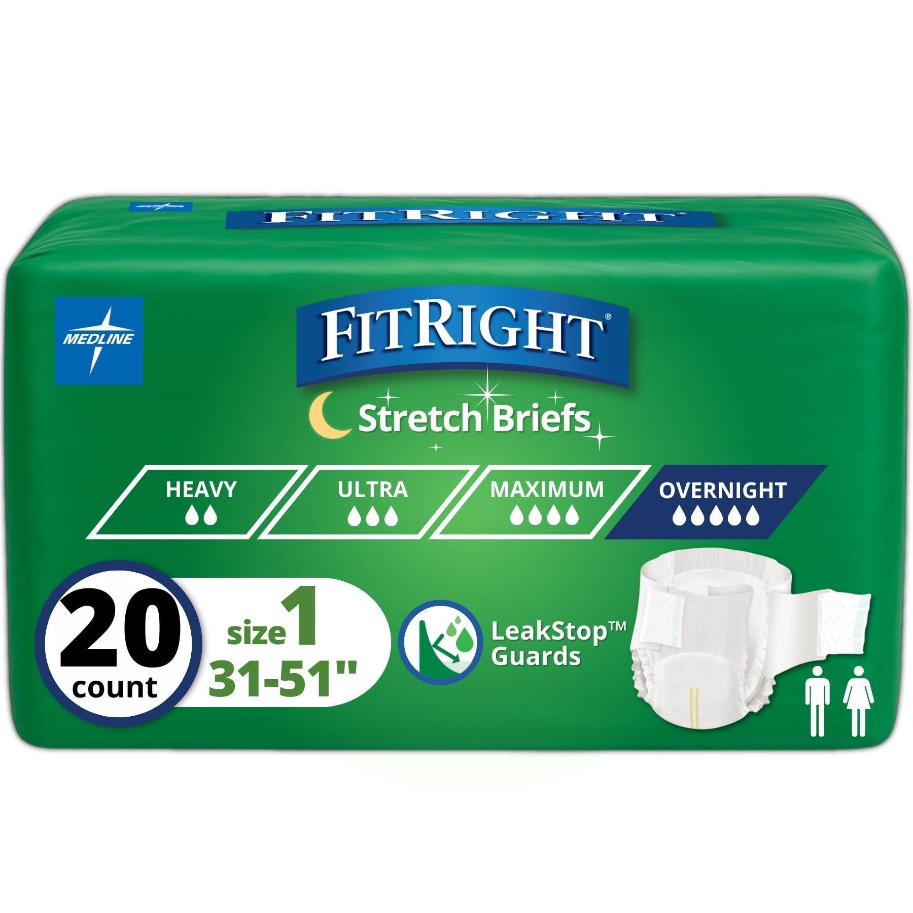 Medline Medline FitRight Extended Wear Stretch Briefs, Overnight Adult Diapers with Tabs, Size 1 (Bag of 20)