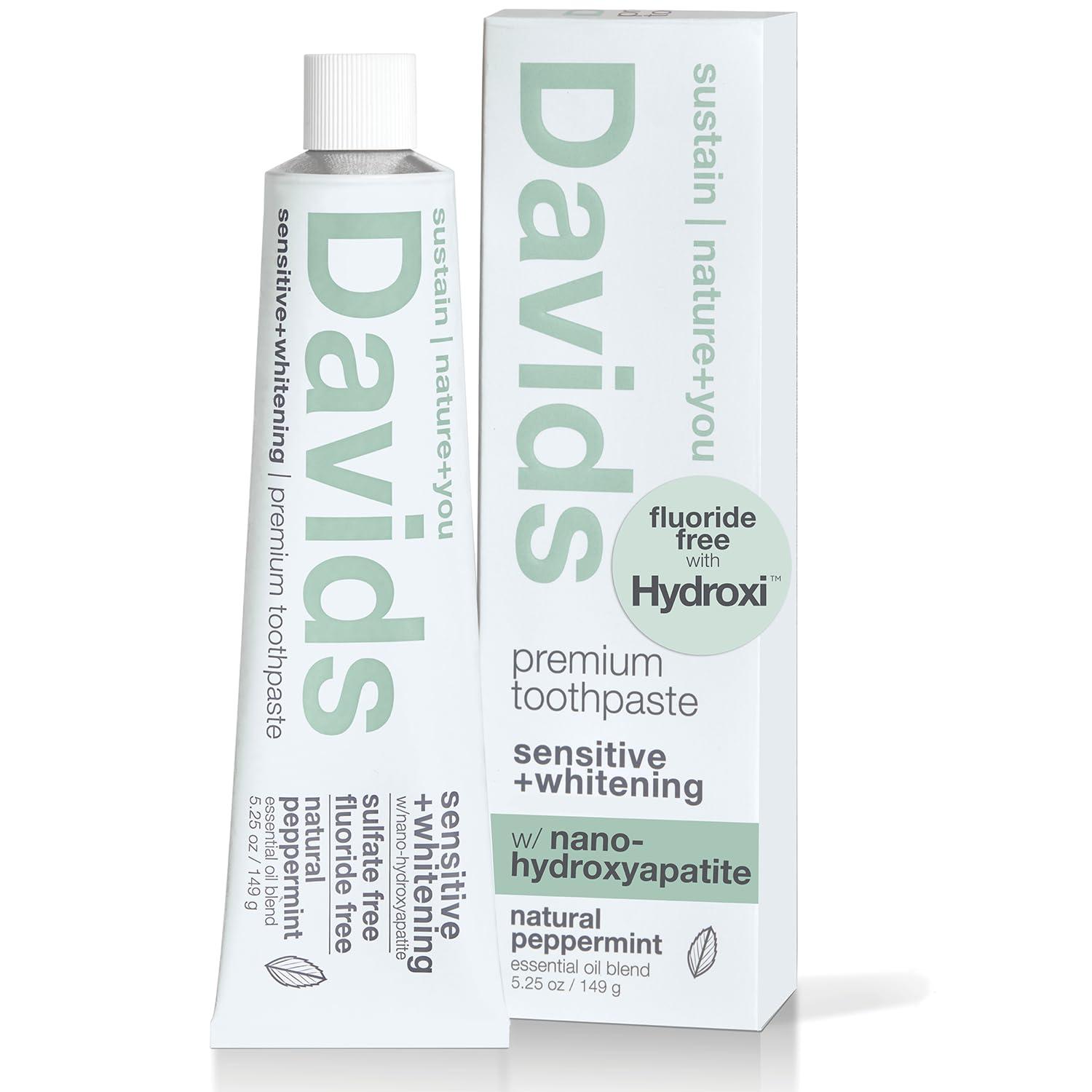 Davids Davids Hydroxi Fluoride Free Nano Hydroxyapatite Toothpaste for Remineralizing Enamel & Sensitive Relief, Whitening, Antiplaque, SLS Free, Natural Peppermint, 5.25oz, Made in USA