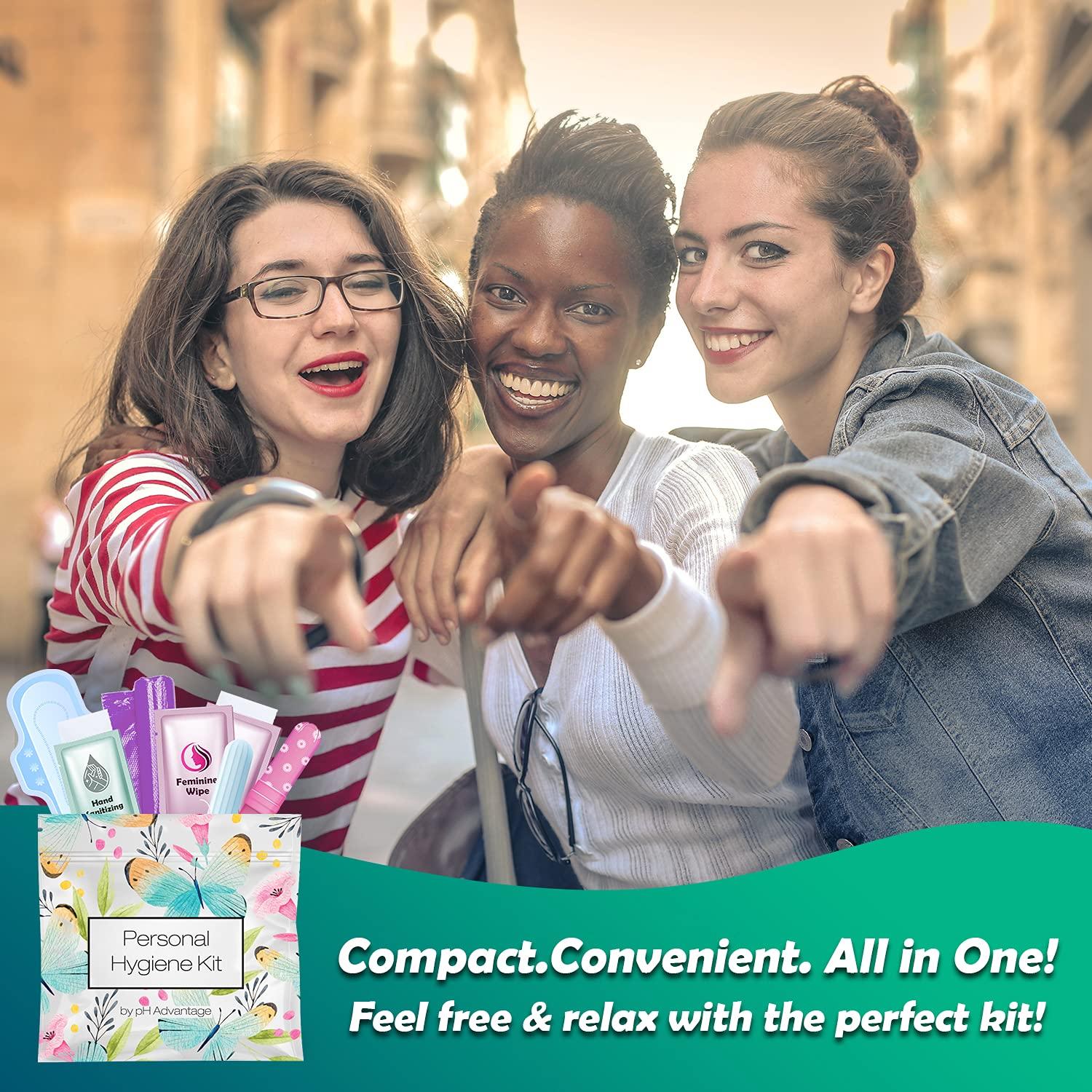 pH Advantage Menstrual Kit All-in-One | Convenience on The Go | Single Period Kit Pack for Travelling, Tweens & Teenagers | Individually Wrapped Feminine Hygiene Products (Butterflies) (100 Pack)