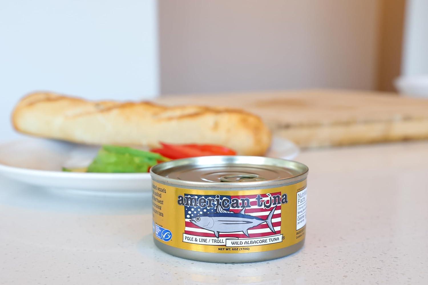 American Tuna Wild Albacore Tuna Fish by American Tuna - with Sea Salt, MSC Certified, Sustainable One by One Pole Wild Caught Fish - 6 oz cans | Pack of 12 | Premium Canned Tuna for Health and Flavor Enthusiasts!