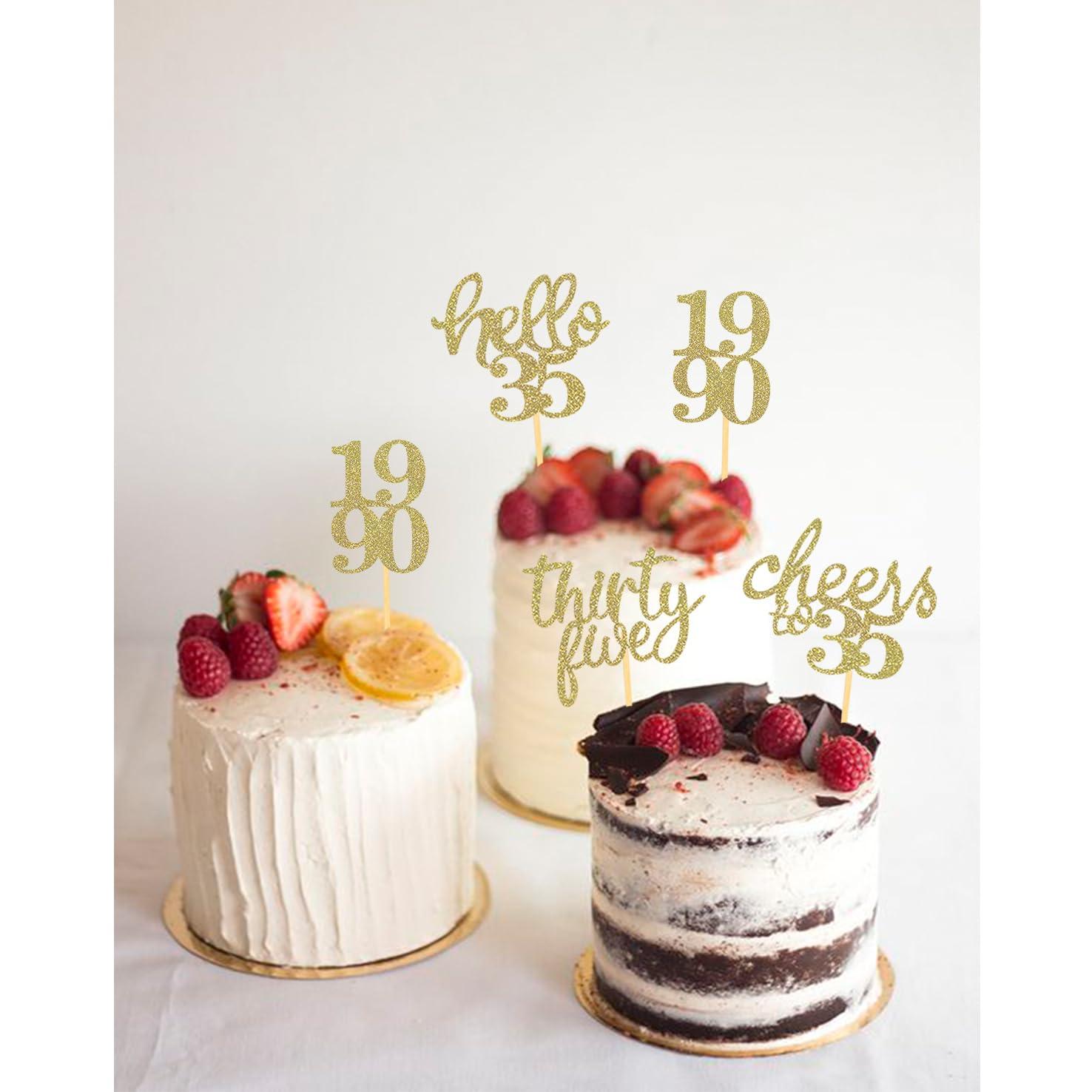 Moitkptt 24Pcs Glitter 35th Birthday Cupcake Toppers, Hello 35th Birthday Cake Topper- 35th Birthday Decorations for Celebrating Thirty-Five Years Old Birthday Party (Gold)