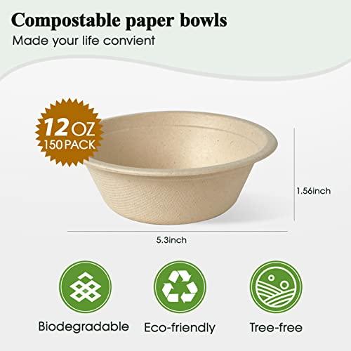 ECOLipak ECOLipak 12 oz Paper Bowls, [150-Pack] Compostable Paper Bowls Bulk, Heavy-duty Disposable Soup Bowls for Hot And Cold Food