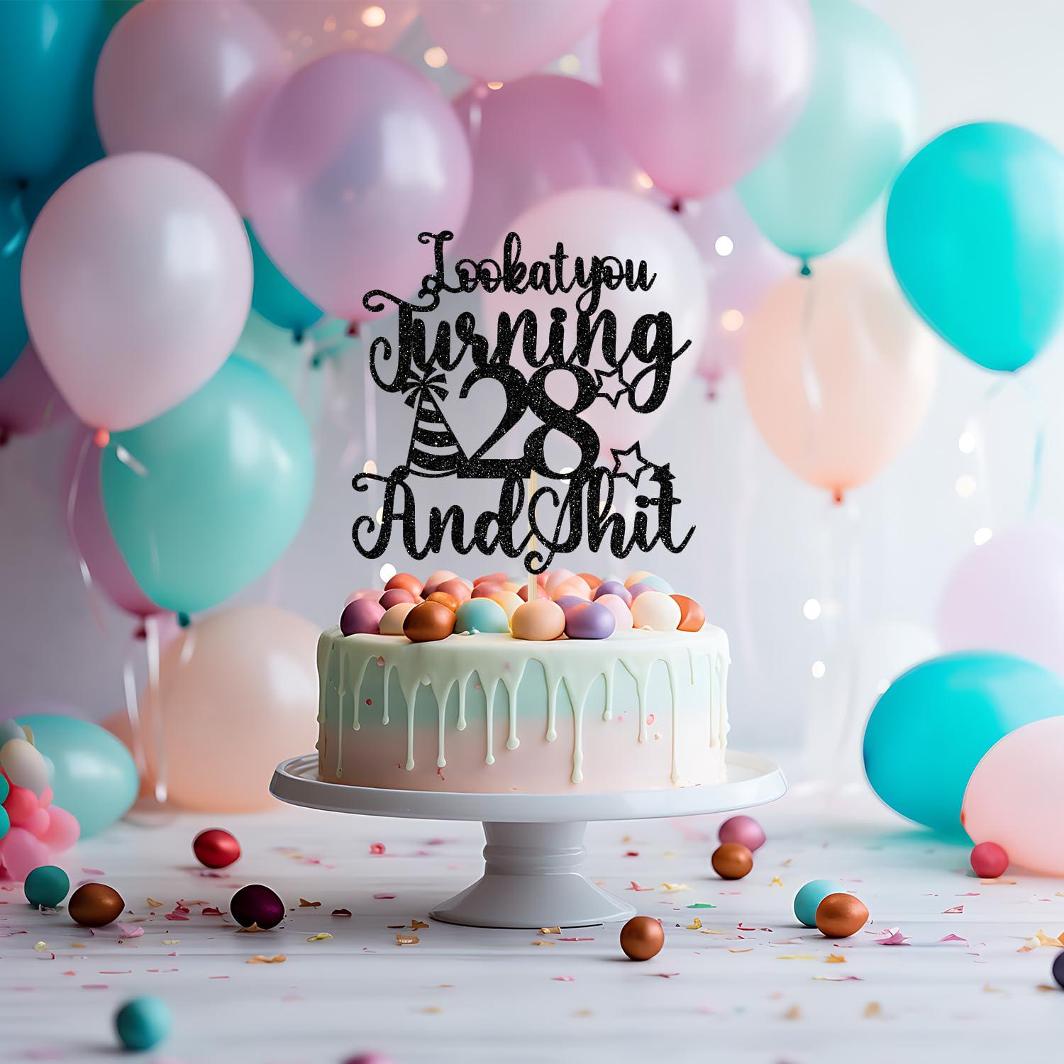 Bytorjar Happy 28th Birthday Cake Topper, 28th Birthday Cake Decor, Cheers to 28 Years, Hello 28, Funny 28th Birthday Party Decorations, Black Glitter