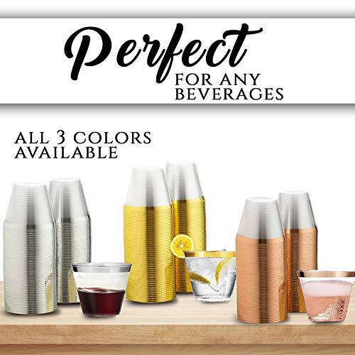 DECPREP Gold Rimmed Clear Cups 9 oz. | Old Fashioned Tumblers | Elegant Plastic Party Cups | Fancy Disposable Wedding Cups | Heavy Duty Gold Rimmed Cups (100 ct)