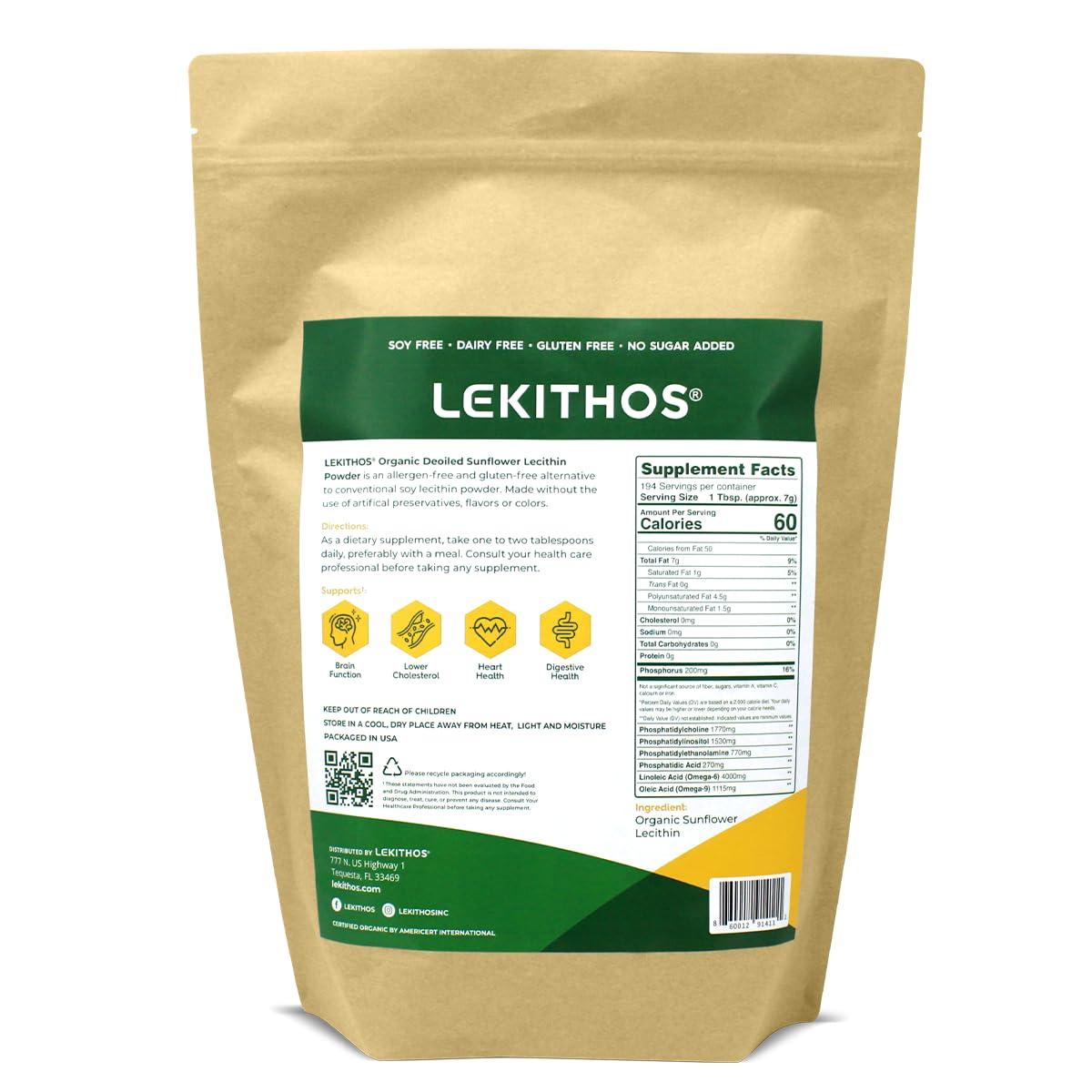Lekithos Organic Deoiled Sunflower Lecithin Powder - Soy Free- Dairy Free - Gluten Free - No Sugar Added - USDA Organic - Vegan Certified (3lb)