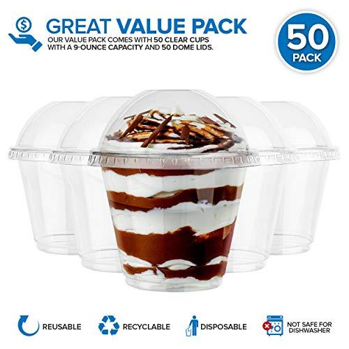 Stock Your Home 9 oz Clear Plastic Dessert Cups with Lids (Set of 50) Small Disposable Parfait Cup, Dome Lid - No Hole, 9-Ounce Party Fruit Containers, Banana Pudding Bowl, Jello, Ice Cream, Desserts Container