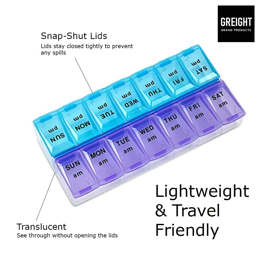 GREIGHT BRAND PRODUCTS XL Pill Organizer - 7 Day Weekly Pill Box AM PM - Twice a Day - 9\" x 4.75\" Extra Large Size Pill Case for Medicines, Vitamins, Supplements -