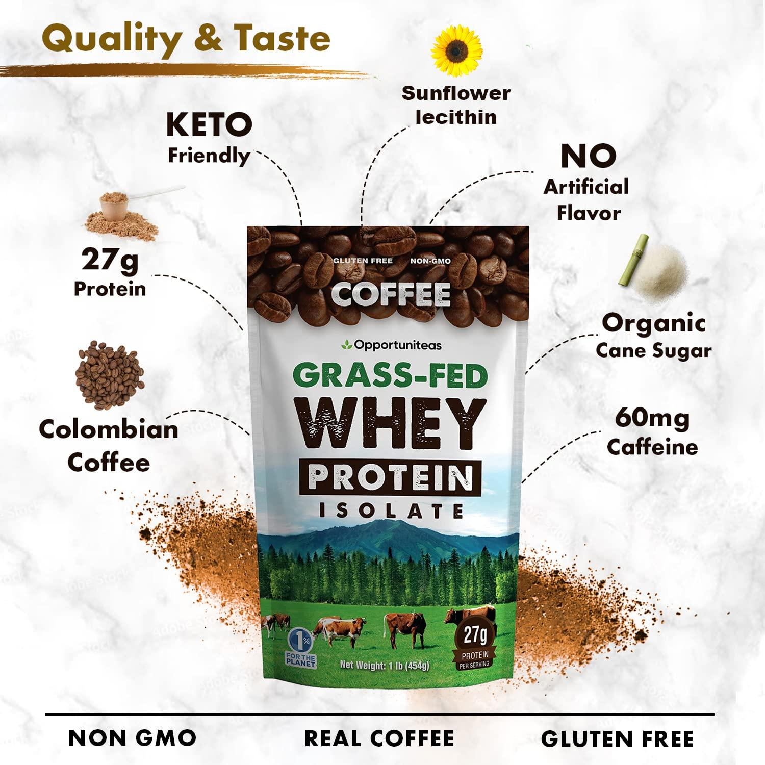 Opportuniteas Coffee Whey Protein Powder - Low Carb & Keto Friendly - Grass Fed Whey Isolate + Colombian Coffee - 60 mg Caffeine for Energy - Pre or Post Workout Drink Mix, Latte, Shake & Smoothie - 1 Pound