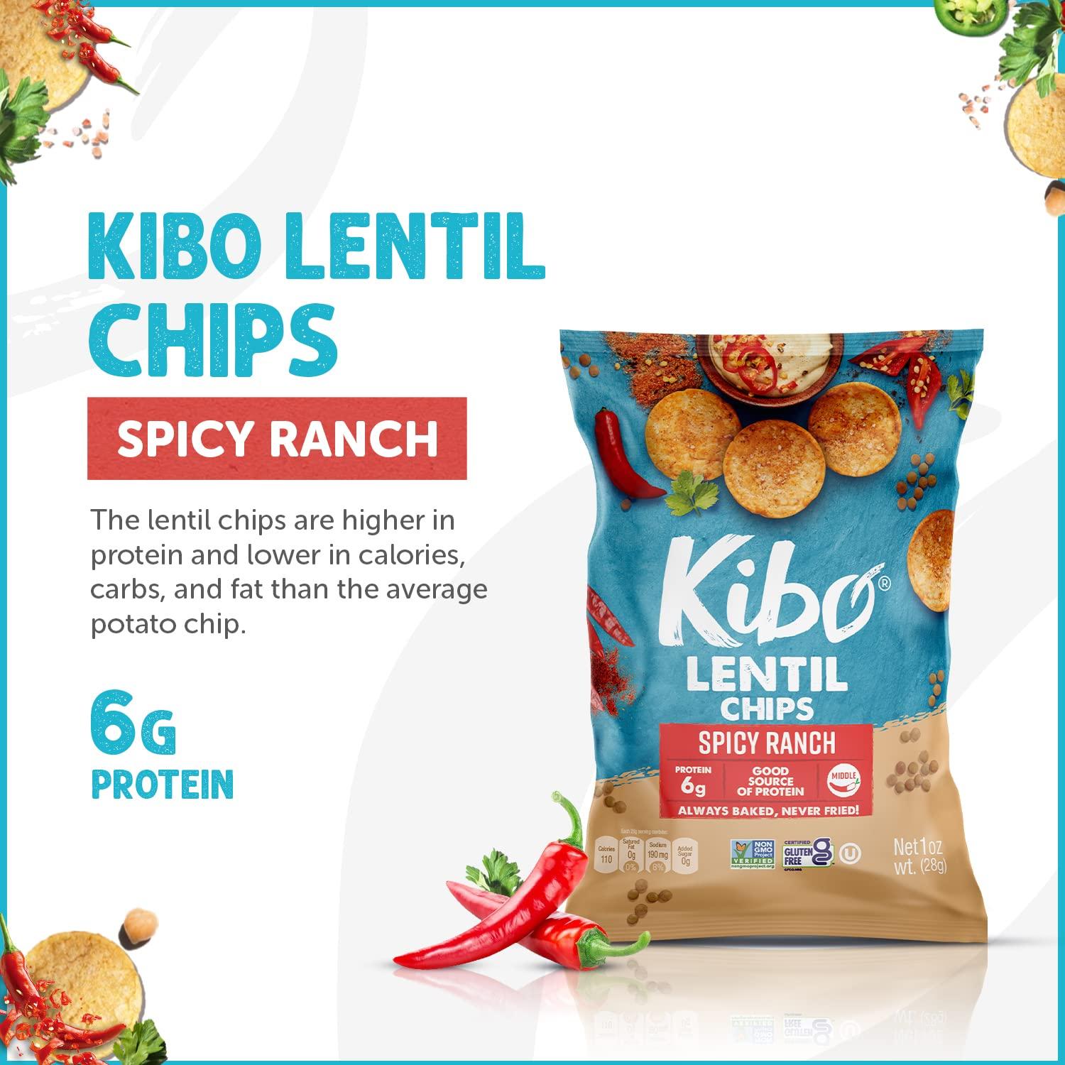 KIBO FOODS Kibo Lentil Chips Spicy Ranch - 6g Protein, Non-GMO, Vegan, Plant-based, Crispy and Non-Fried - Made with Real Veggies - 1 oz (Pack of 12)