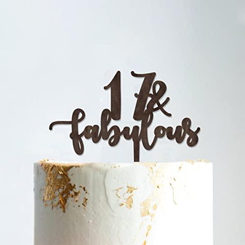 WengBeauty 17 & Fabulous Cake Toppers Brown Wood 17th Birthday Party Decorations Happy Birthday Cake Topper Customized Age Birthday Cake Decoration Birthday Cake for Birthday Party Decoration Ideas