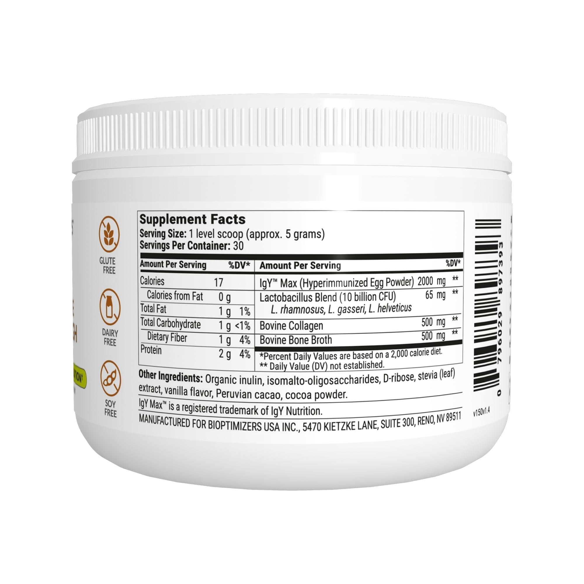 BiOptimizers Biome Breakthrough Repair Powder - Chocolate Flavor - Has Lactobacillus Strains, Bone Broth & Collagen - Source of L-Glutamine - Gas & Bloating Relief - Improves Gut Health - 30 Servings - 150g