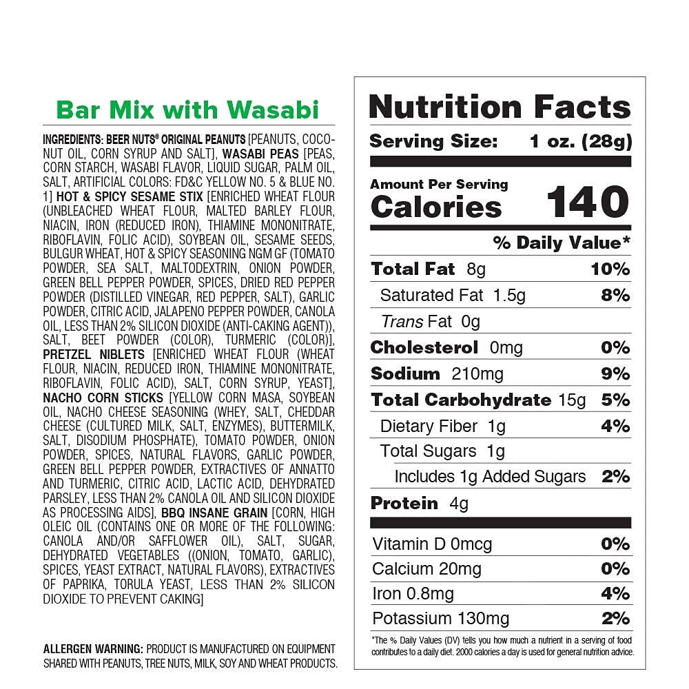 BEER NUTS BEER NUTS Bar Mix w/Wasabi - Pretzels, Cheese Stix, Sesame Stix, Insane Grain & Wasabi Peas - 26oz Family Size Resealable Jar (Pack of 1)