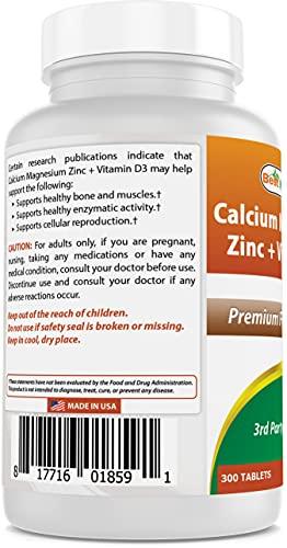Best Naturals Best Naturals Calcium Magnesium Zinc with Vitamin D3, 300 Tablets - Calcium 1000 mg, Magnesium 400 mg, Zinc 25 mg & D3 600 IU per Serving (3 Tablets)