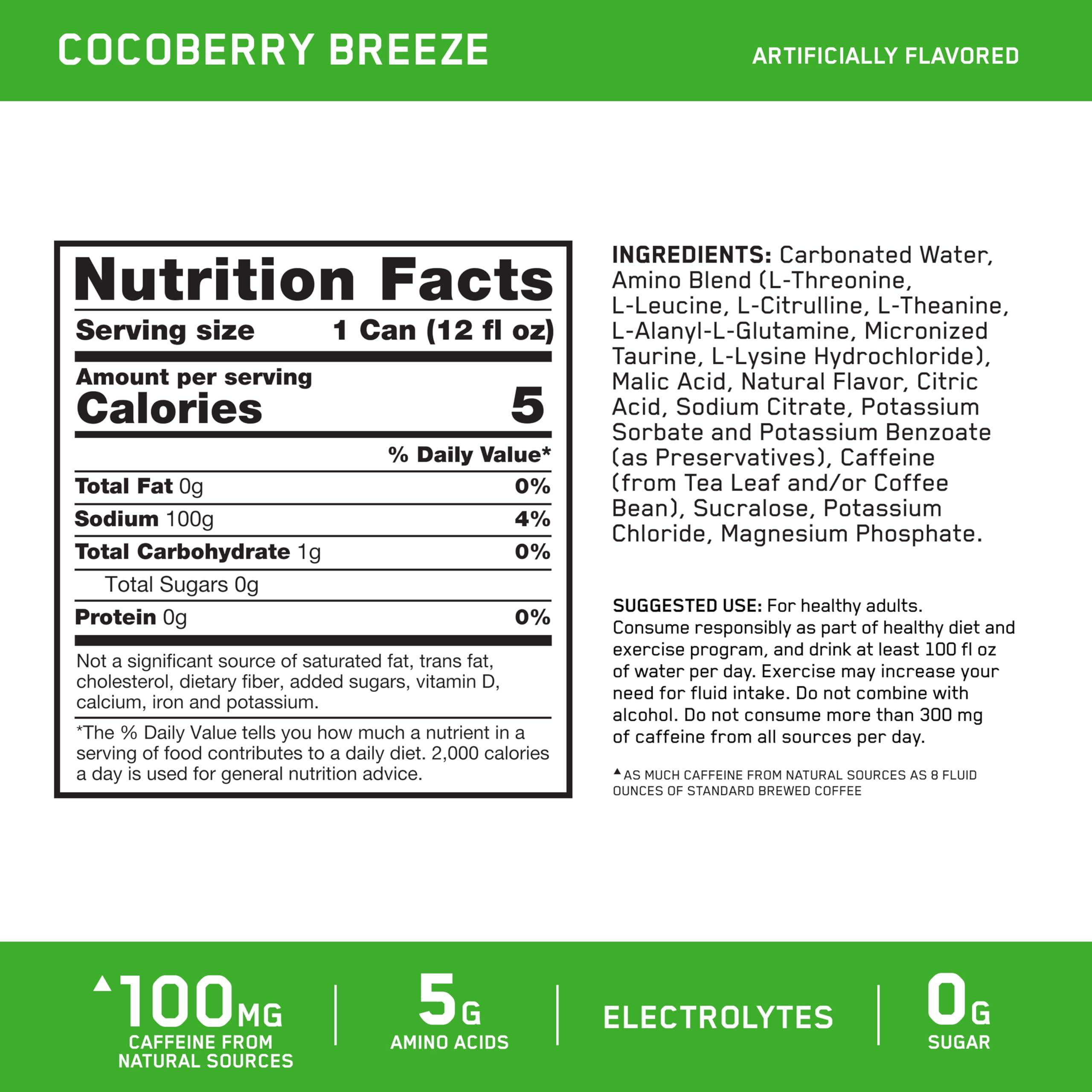 Optimum Nutrition Optimum Nutrition Amino Energy Sparkling Hydration Drink, Electrolytes, Caffeine, Amino Acids, BCAAs, Sugar Free, Cocoberry Breeze, 12 Fl Oz, 12 Pack (Packaging May Vary)