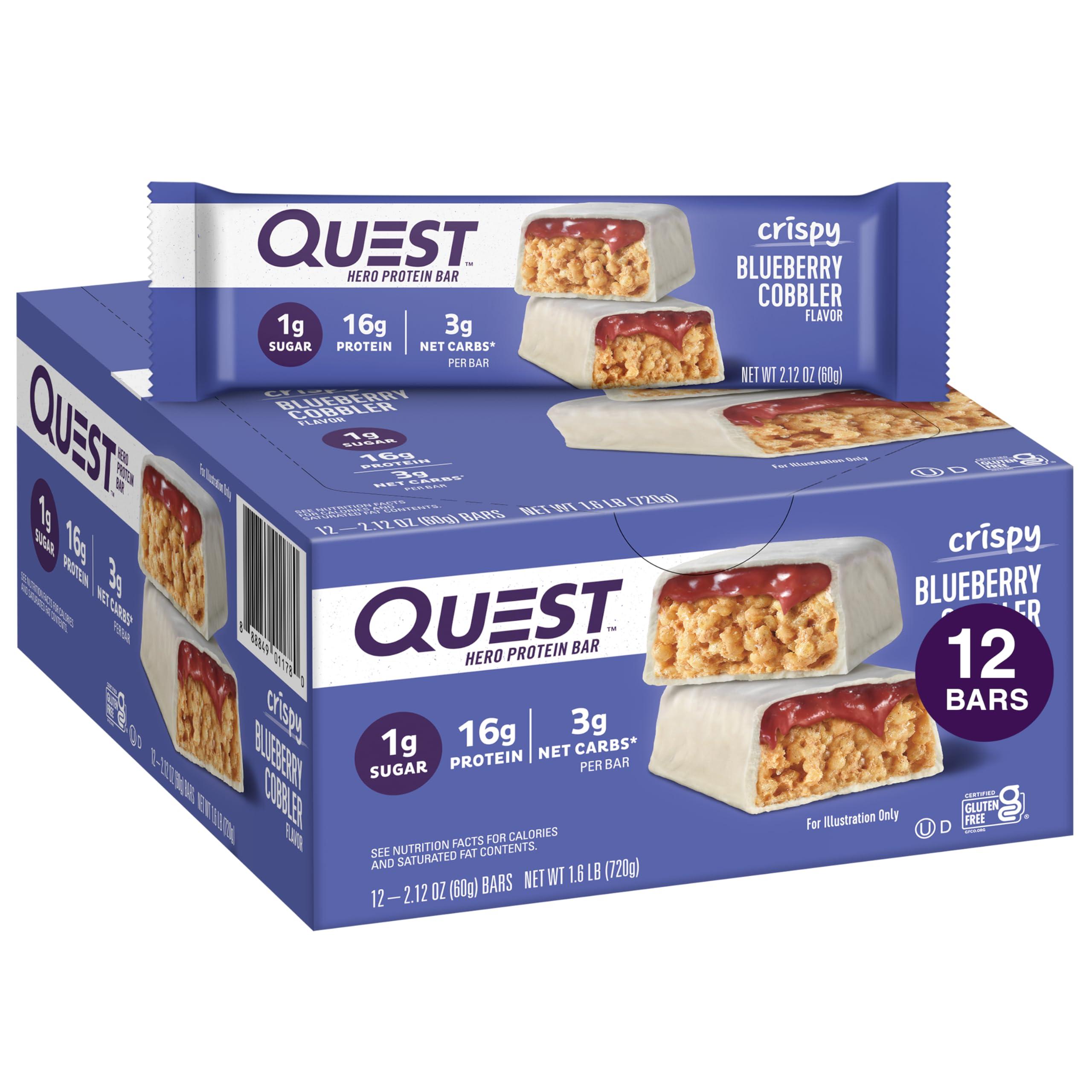 Quest Nutrition Quest Nutrition Crispy Blueberry Cobbler Hero Protein Bar, 16g Protein, 1g Sugar, 3g & White Chocolate Raspberry Protein Bars, High Protein, Low Carb, Gluten Free