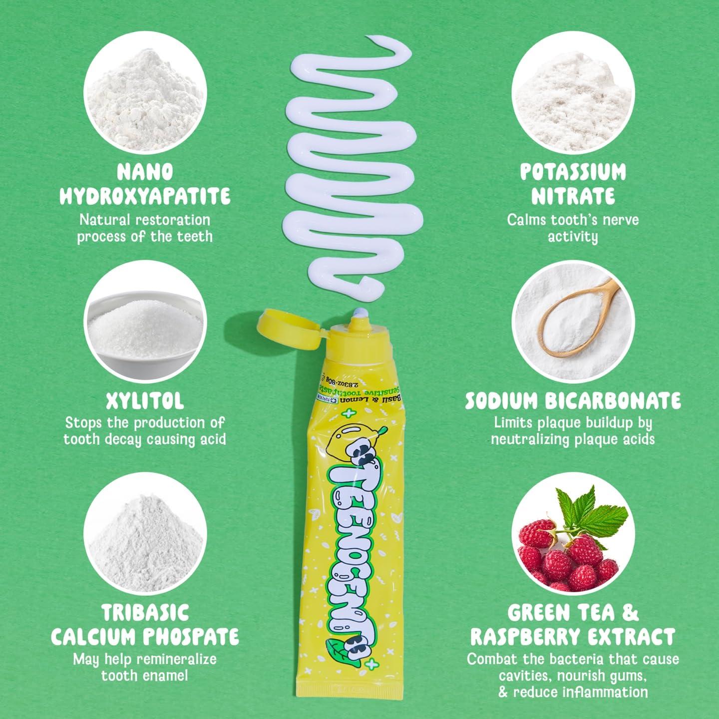 TEENOCENT TEENOCENT Natural Nano Hydroxyapatite Sensitive Toothpaste - Fluoride Free, SLS Free, Remineralizing, Adult & Kids, Basil&Lemon Flavor, 2.83 oz (Pack of 3)