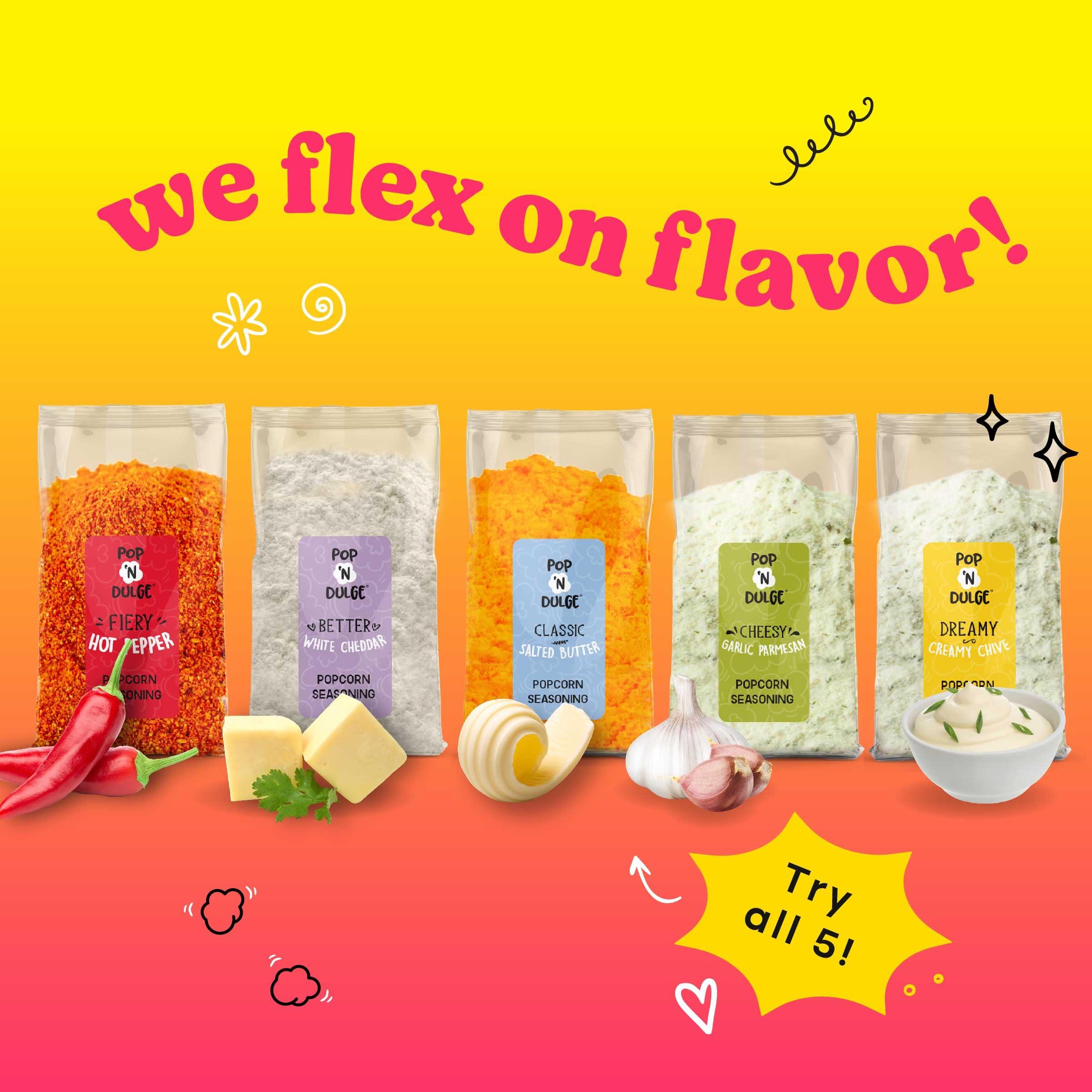 Pop n' Dulge Popcorn Movie Night Supplies Popcorn Kernels Popcorn Seasoning 16 Pack, 5 Gourmet Popcorn Kernels, 5 Popcorn Seasoning Variety Packs Non-GMO Snacks, Includes 6 Bags, Gift Basket Idea