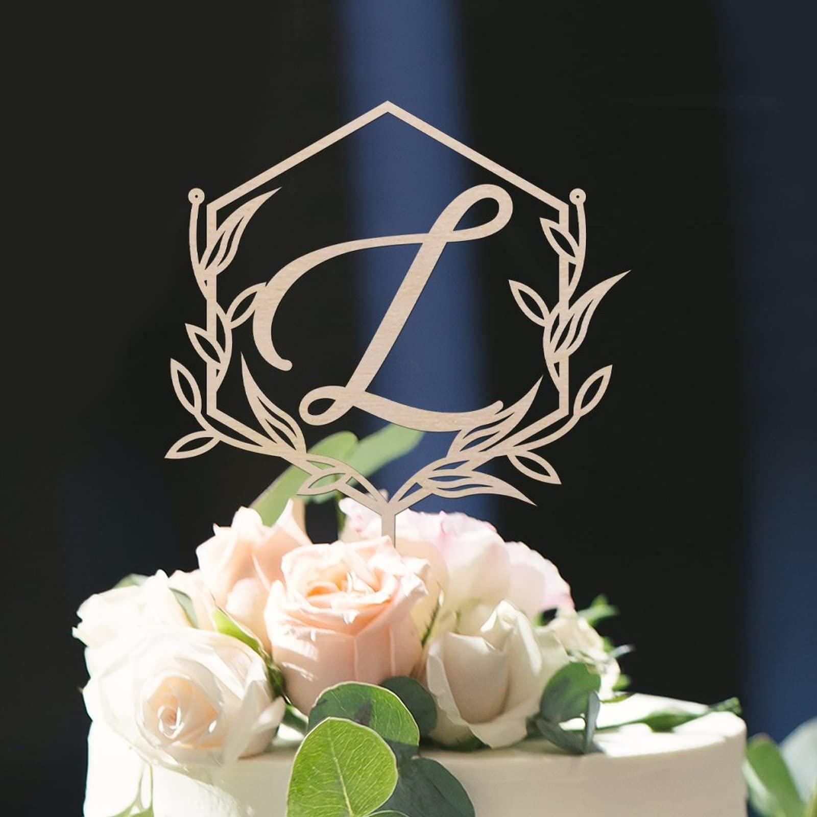 Vinisong Vinisong Personalized Initials Cake Topper Wreath Letter L Cake Topper Wood Monogram Cake Topper Rustic Wedding Cake Topper Birthday Cake Decoration(Design 03,L)