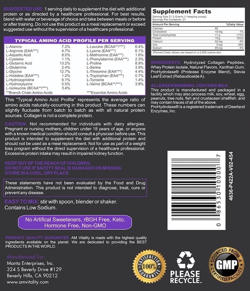 AM Vitality AM Vitality Collagen and Whey Protein Powder Complex Health Supplement - Vanilla Flavor - 16oz (21 Servings)