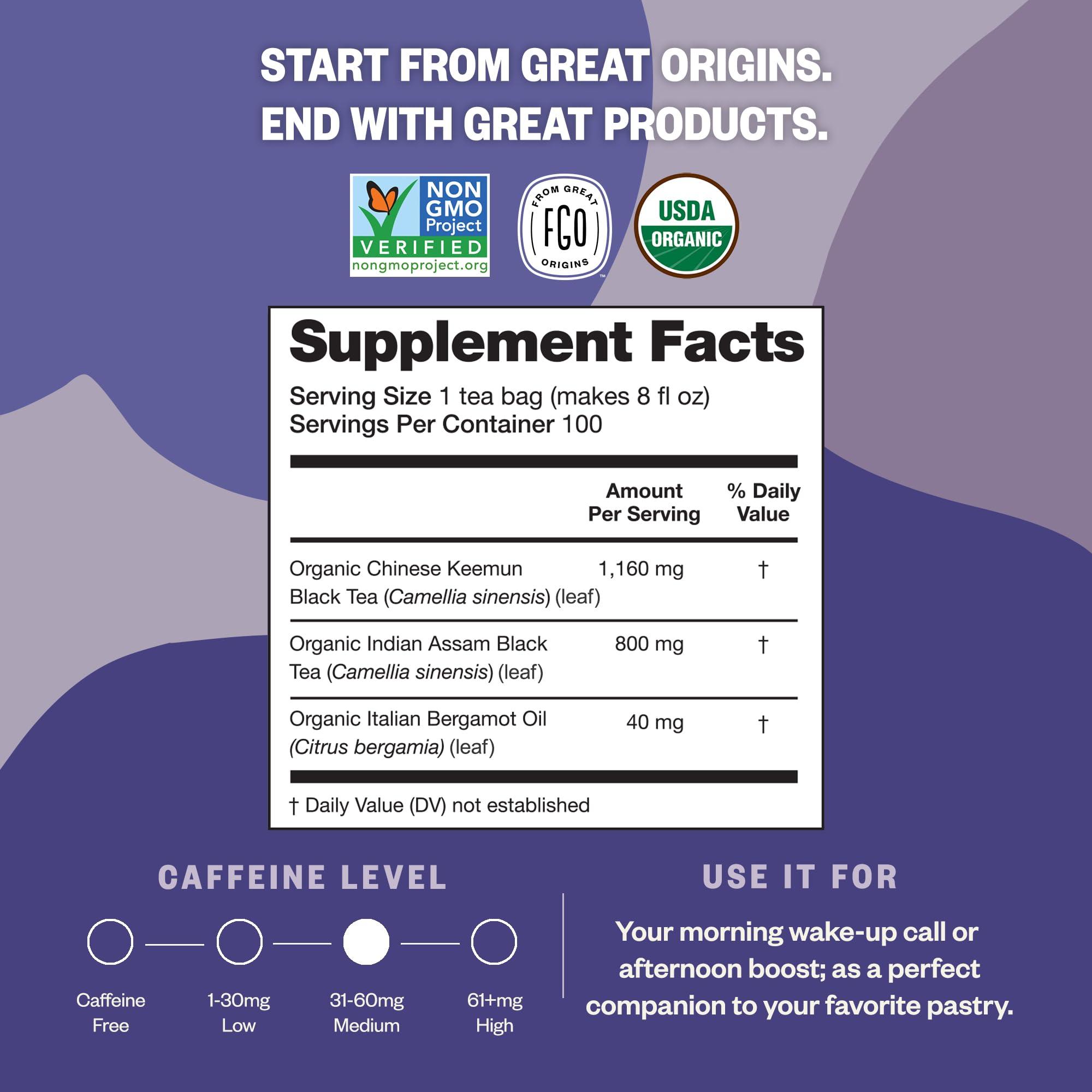 FGO FGO Organic Earl Grey Black Tea, 100 Count, Eco-Conscious Tea Bags, Resealable Bag, Packaging May Vary (Pack of 1)