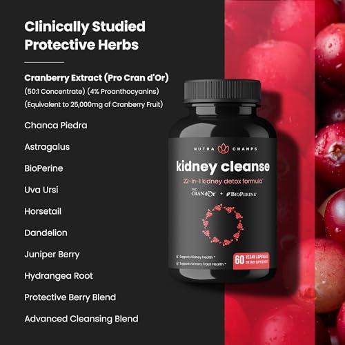 NutraChamps Kidney Cleanse Detox & Repair | 22-In-1 Kidney Health Supplement | Extra Strength 50:1 Cranberry Extract with Bioperine for Increased Absorption | Kidney & Urinary Tract Support & Flush Formula