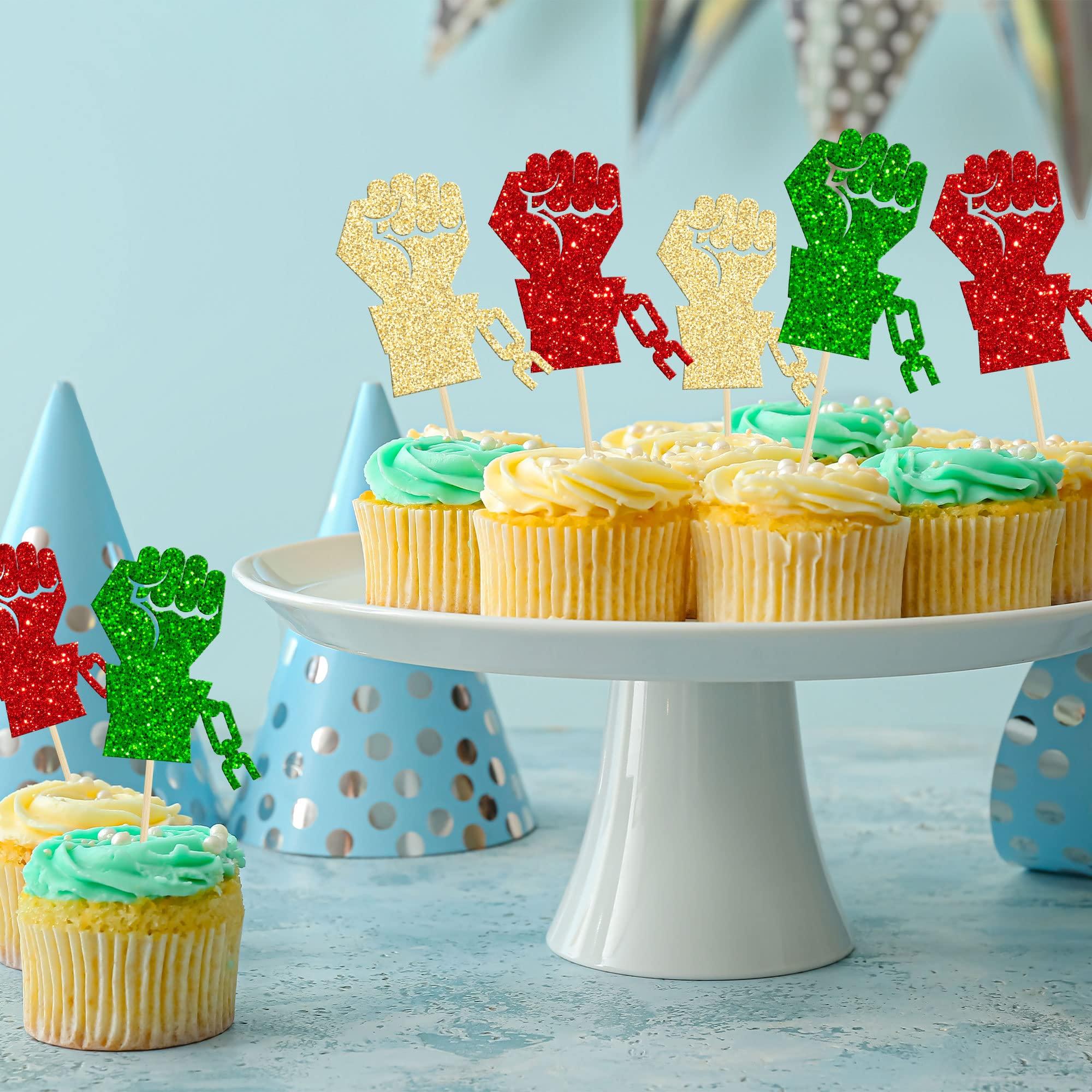 Gyufise Gyufise 24Pcs Happy Juneteenth Cupcake Toppers Juneteenth Fist Cupcake Toppers Glitter Black History Month Cake Decorations Juneteenth Decorations Happy Juneteenth Day Party Decorations