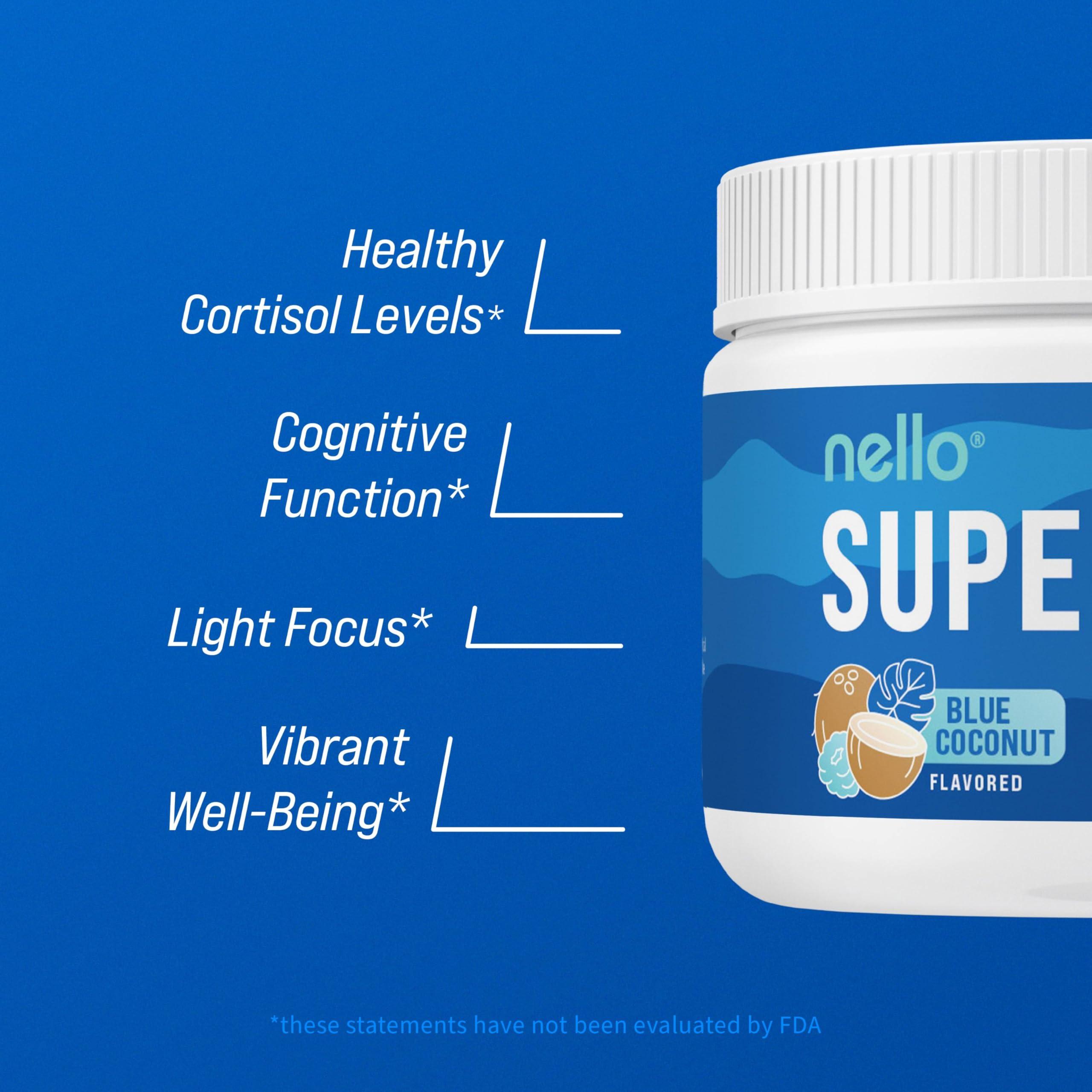 Nello Nello Supercalm Powdered Drink Mix, Blue Coconut, L Theanine, Ksm-66 Ashwagandha, Magnesium Glycinate, Vitamin D 3, Supplements for Relaxation & Focus, No Sugar, Non GMO, Vegan, On The Go, 30 Srvgs