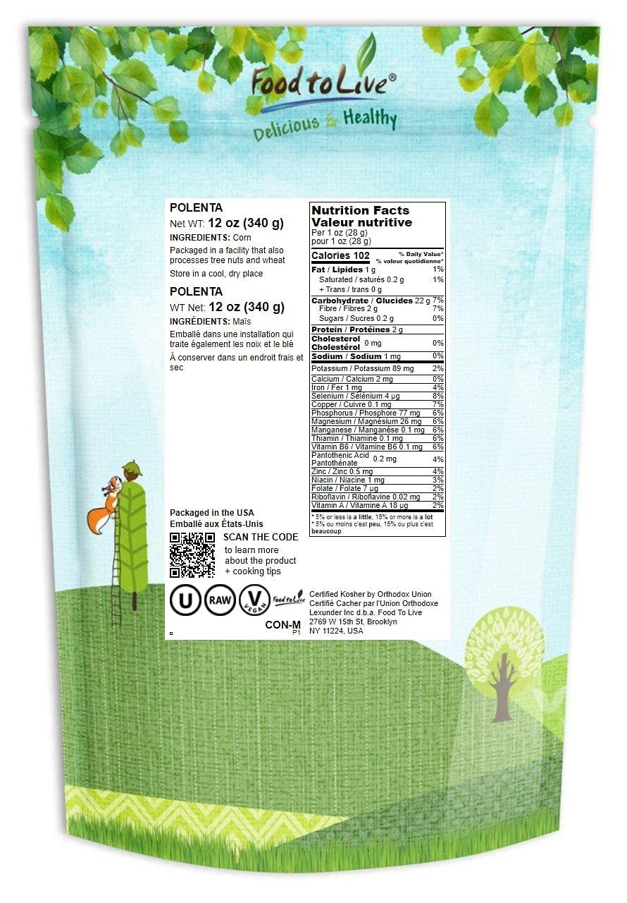Food to Live Polenta, 12 Ounces - Yellow Corn Grits, Ground Cornmeal, Quick Cooking, Vegan, Kosher, Bulk, Great for Hot Cereal and Porridge. Low Sodium, Milled Maize, Corn Meal, Product of the USA