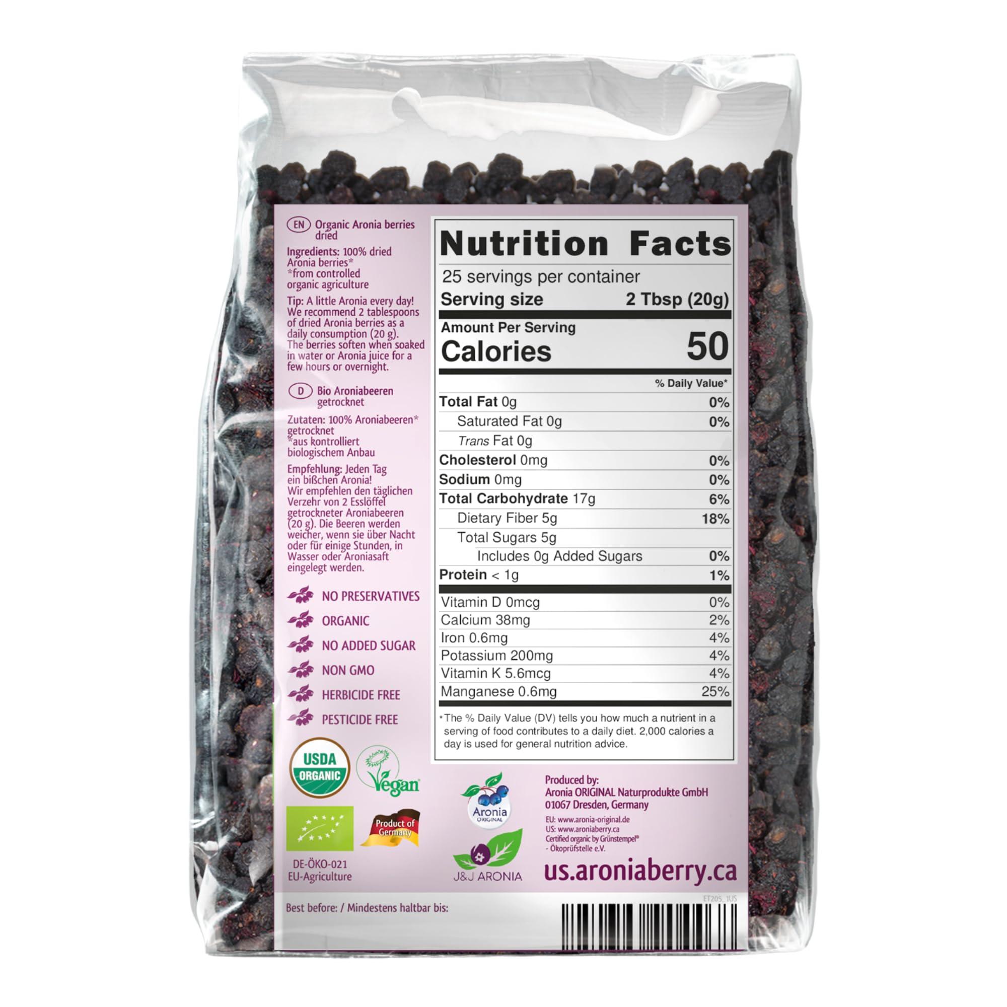 Aronia Original Aronia ORIGINAL Organic Dried Aronia Berries 500 g | Gently Dried Immediately After Harvest | No Added Sugar, No Sulfites, No Additives | Vegan, Organic Aronia Berry (Black Chokeberry)