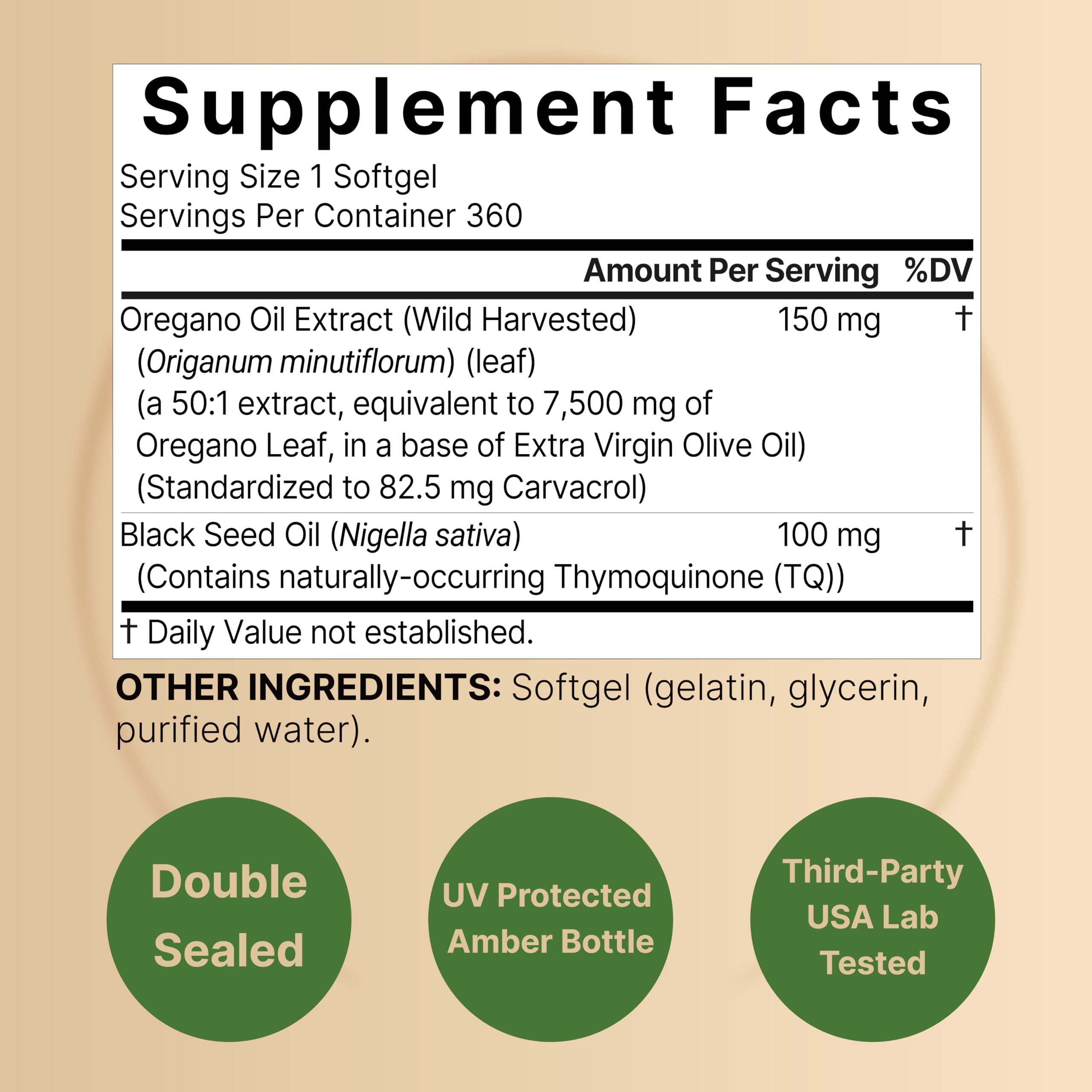 NatureBell NatureBell Oregano Oil 7,500mg with Black Seed Oil, 360 Softgels | 360-day Supply Essential Oils for Immune Health | Retains High Concentrated Carvacrol & Thymoquinone Non-GMO