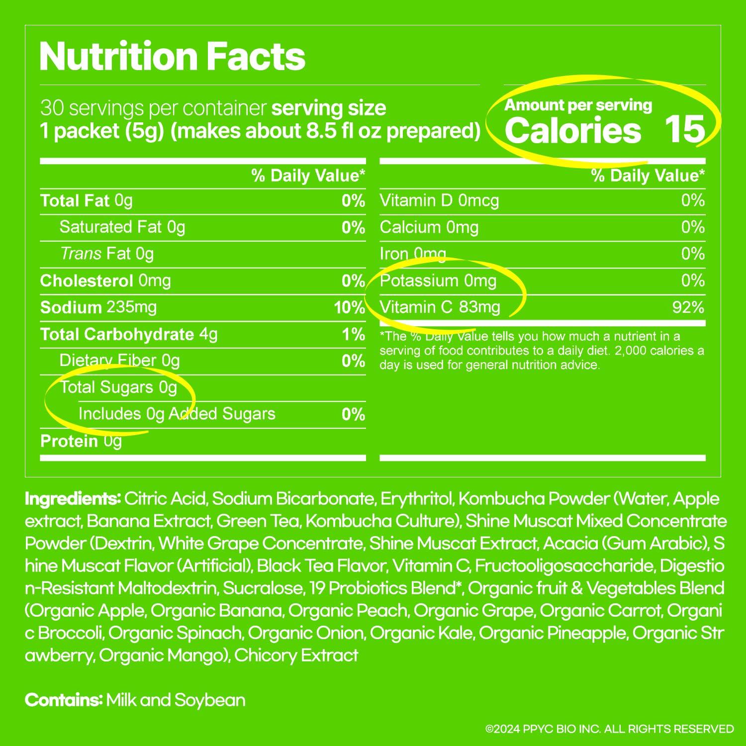 SUNMANC SUNMANC Kombucha 30 packets, Sparkling Probiotic Fermented Drink, Convenient Powdered Drink Mix, Tea Powder, Low Calories, Sugar 0g, Low Caffeine (Shine Muscat)