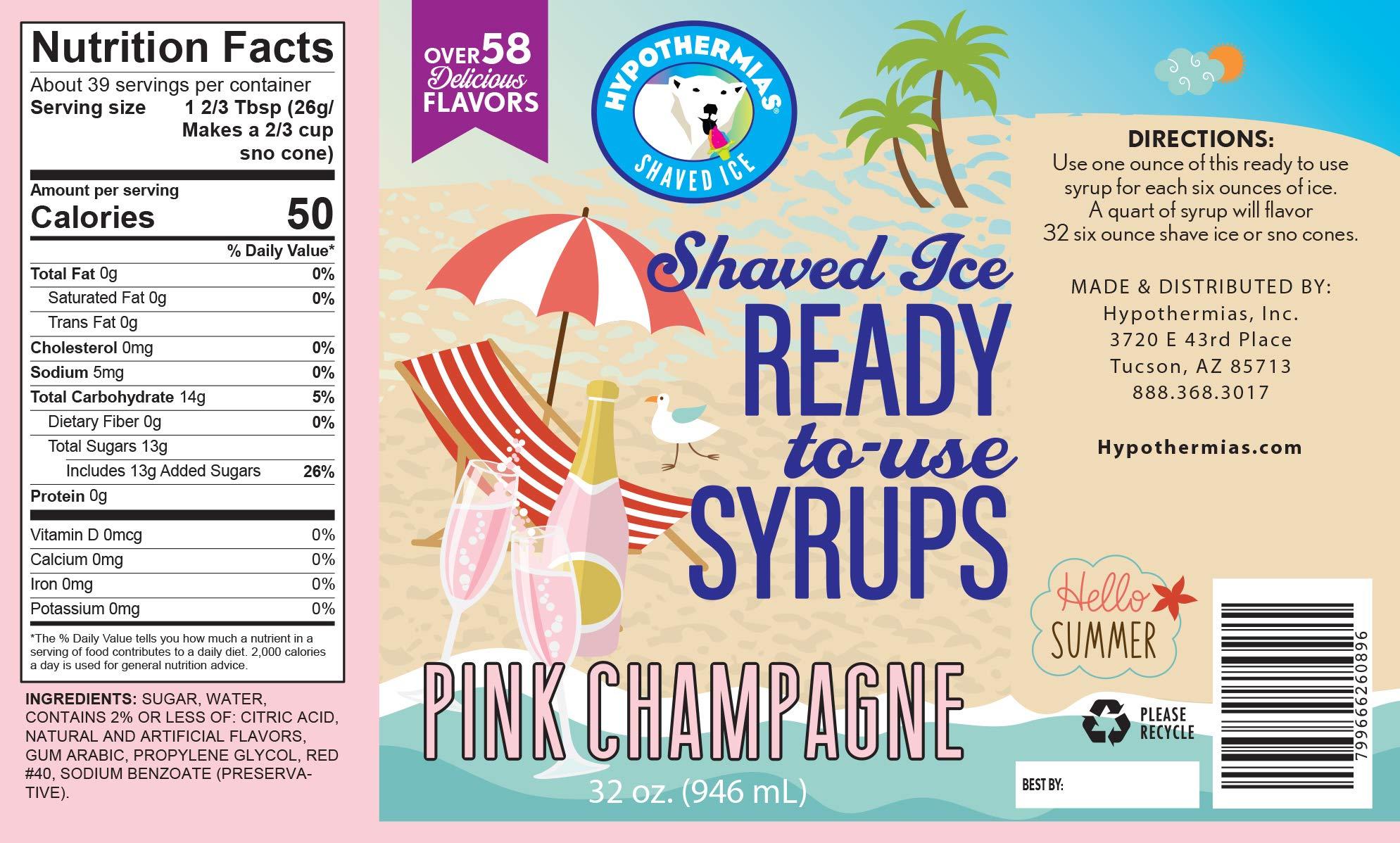 Hypothermias Hypothermias Shaved Ice & Snow Cone Syrup - BPA-Free Plastic Bottle Quart (32 Fl. Oz) - Pink Champagne - Non-GMO 100% Pure Cane Sugar, Ready to Use