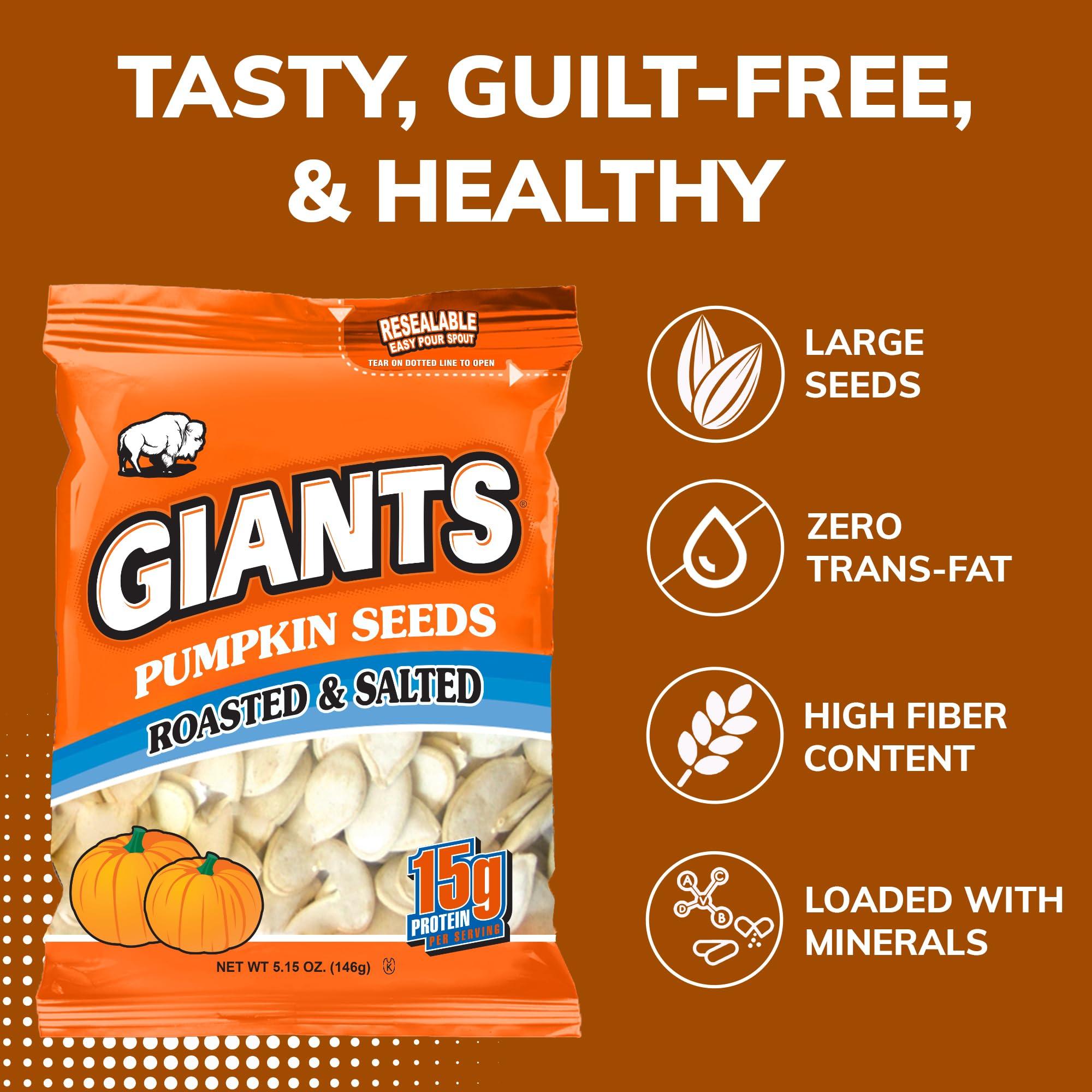 GIANTS SUNFLOWER SEEDS GIANTS Pumpkin Seeds - Pumpkin Seeds in Shell, Pumpkin Seeds to Eat, Roasted and Salted, Whole Pumpkin Seeds with Shell, High Protein Snack with 15g Protein Per Serving - 5.15 oz (Pack of 2)