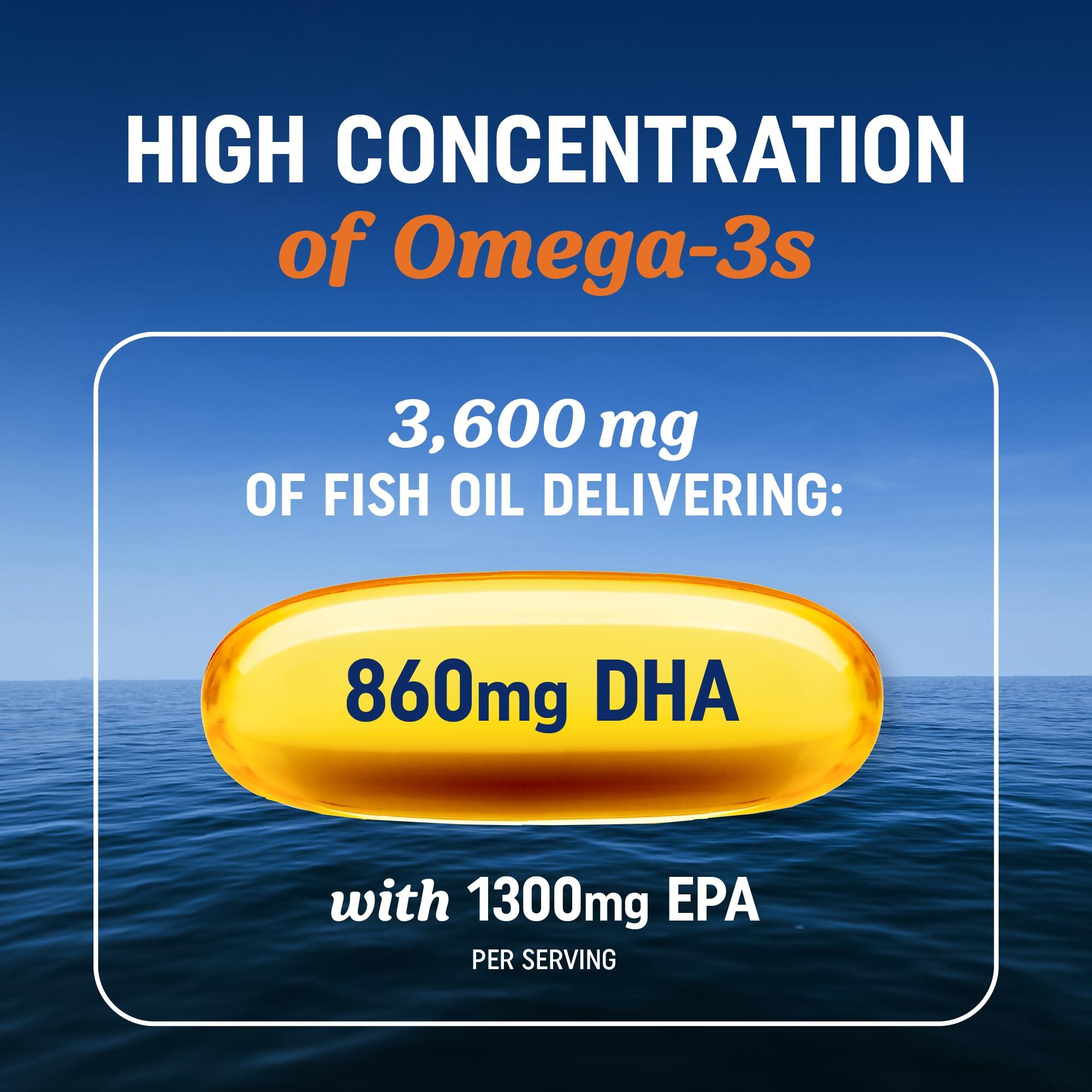 MAV NUTRITION Triple Strength Omega 3 Fish Oil | 3600 mg EPA & DHA | Over 2100mg of Omega 3 Fatty Acids | 1300mg EPA + 860mg DHA | Best Essential Fatty Acids | Premium Burpless Softgel Supplements (120 Ct)