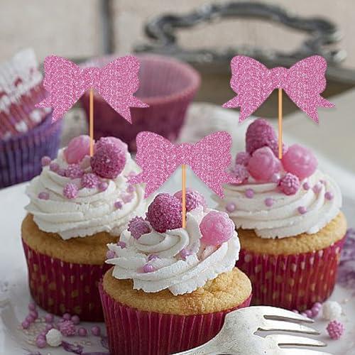 Blopee Blopee Cupcake Toppers, Pink Cupcake Toppers for Birthday Party, Princess Cupcake Toppers for Girls Birthday, 12 pcs Bowknot Cupcake Decorations for Bridal Baby Shower Birthday Wedding Themed Party
