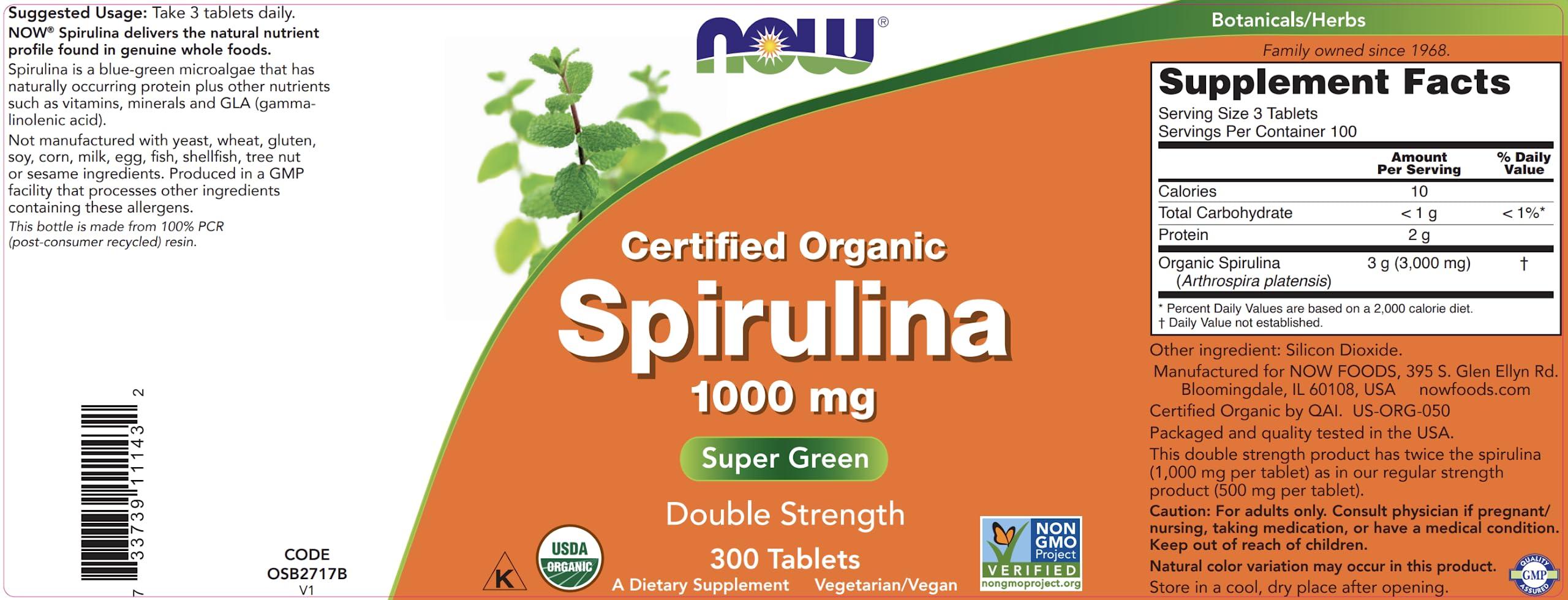 NOW NOW Foods Organic Spirulina 1000mg Tablets - 300 Count - Non-GMO, Super Green Whole Food Supplement - Double Strength 1000 mg - Naturally Occurring Beta-Carotene (VIT A), B-12 and GLA