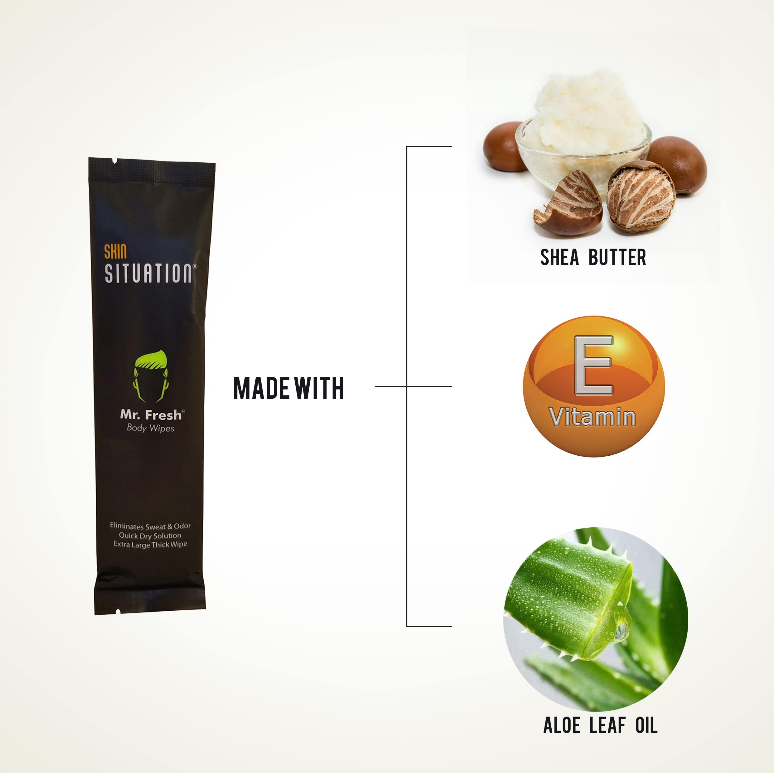 Skin Situation Mr. Fresh Body Wipe - Extra Large, Deodorizing, Unscented, Individual Wrapped Shower Wipe, Wet Wipe, pH Balanced, Hypoallergenic, Infused with Aloe and Vitamin E. Ideal for Camping, and Traveling