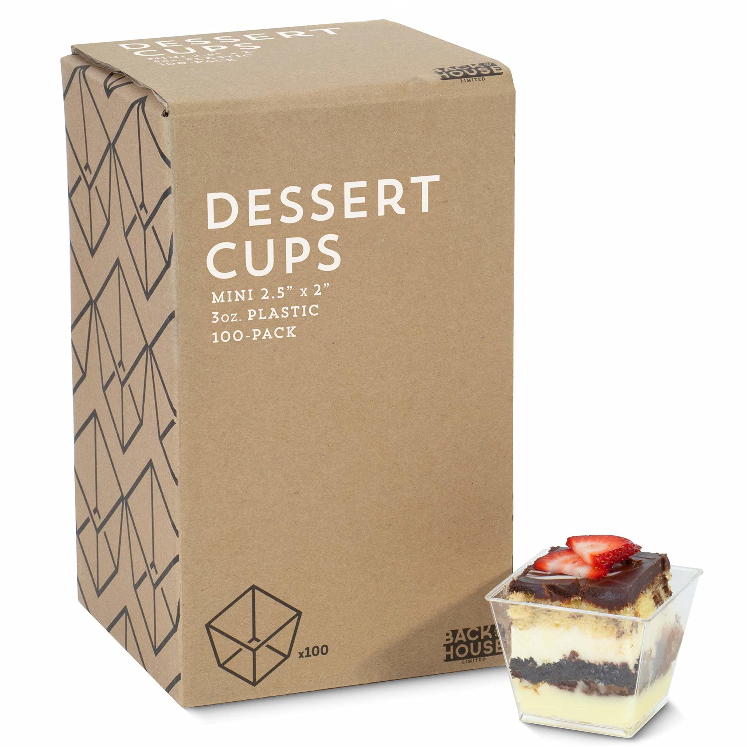 Back of House Ltd. 3oz. Mini Dessert Cups, 100-pack - Clear Plastic Square Cups - Small Disposable Shooters for Tasting Parfait, Fruit, Cake, Ice Cream, Sauces, Jelly Shots & Appetizers, Parties, Catering & Restaurants
