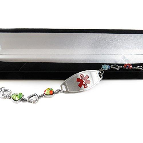 My Identity Doctor My Identity Doctor - Customized Medical Alert Bracelet for Women with Engraving - 1.2cm Steel, Glass Hearts - Red - Wrist Size 6.75 Inch