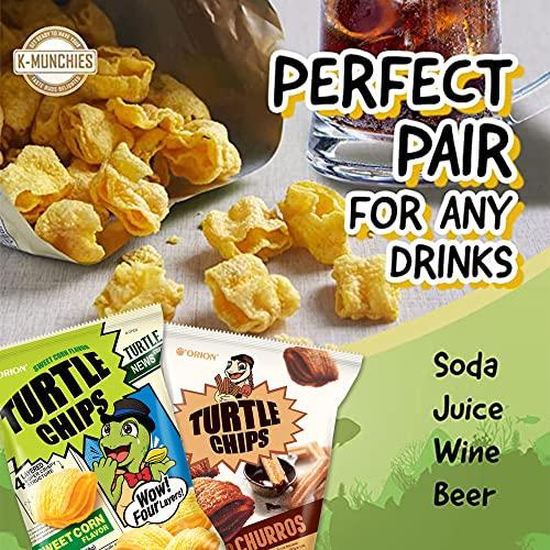 K-Munchies K-Munchies Orion Turtle Chips - 6 Variety Packs, 49g - Churro Chips (3), and Sweet Corn Chips (3) Flavors - Snack Size Korean Chips - Savory, Crispy Korean Snacks - On-The-Go Korean Corn Snack Chips