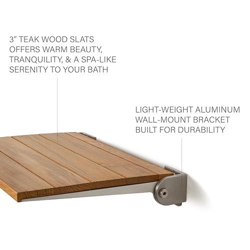 Seachrome Seachrome18 inch Silhouette Slimline Folding Wall Mount Shower Bench Seat, Natural Teak Wood with Silver Frame