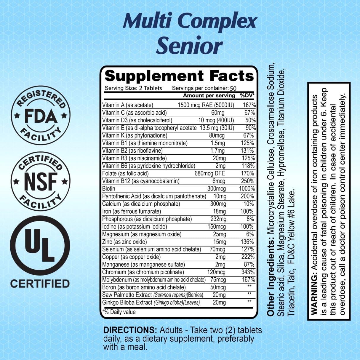 ALFA VITAMINS Multi Complex Senior - Nutritional Vitamins & Minerals for People Over 50 - Supports cellular energy production and every day health- 100 Tablets