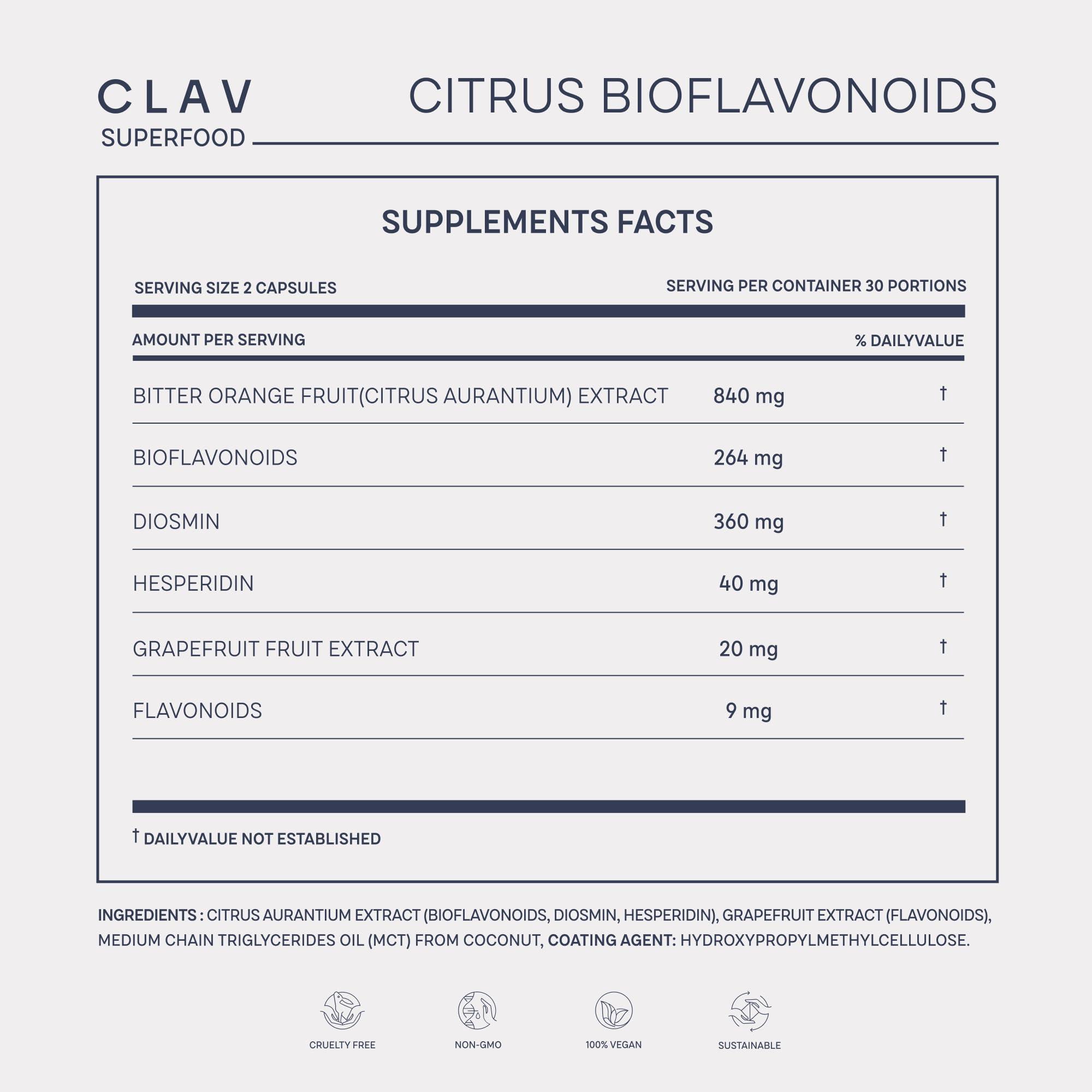 CLAV Citrus Bioflavonoids - Vegan Flavonoids Supplements Made from Bitter Orange and Grapefruit Extract - Antioxidant & Immune Support - 60 Capsules - Made in Germany