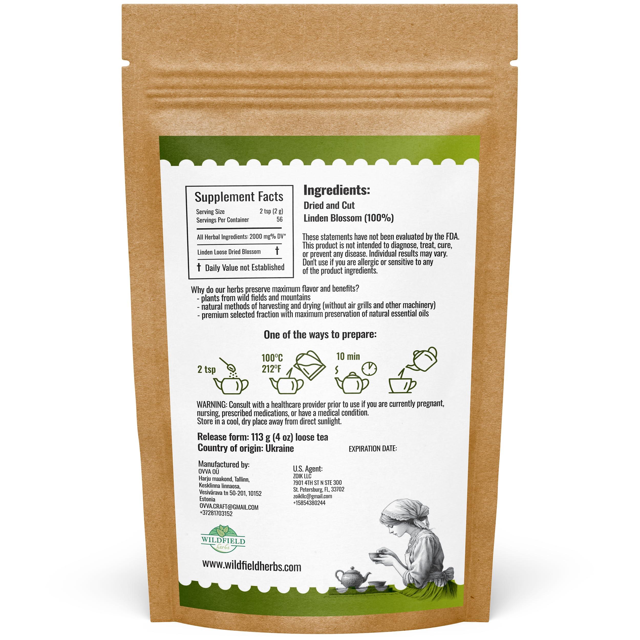 WILDFIELD HERBS 4 oz. Linden Tea Dried Linden Flower Tea Herbal (Tilia cordata) - 113g Linden Flowers Tea Herb Lipa