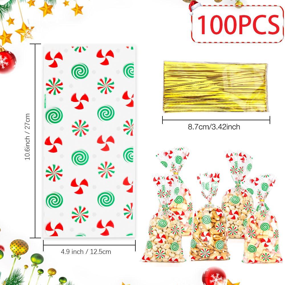 Luktastic Christmas Treat Bags, Christmas Cellophane Bags, 100Pcs Christmas Candy Bags, Cellophane Treat Bags with Twist Ties, Cellophane Gift Bags Cookie Bags Goodie Bags for Xmas Holiday Party Favors Supplies