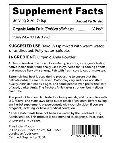 PURE INDIAN FOODS Pure Indian Foods Organic Amla Powder, 8 oz, Water-Soluble Amalaki, Ayurveda Dietary Supplement Dissolves Completely in Water, Perfect for Capsules