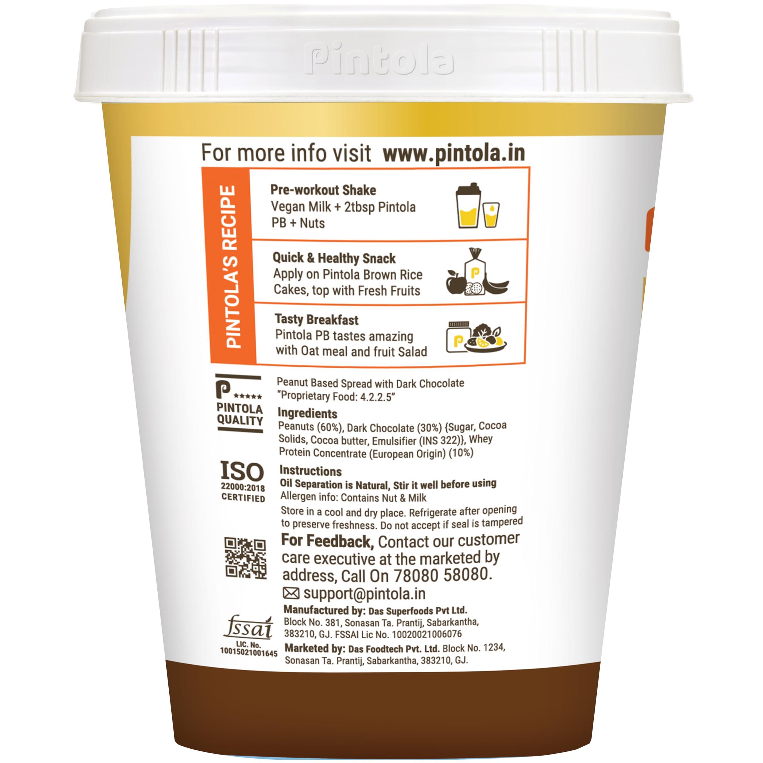 Pintola Pintola HIGH Protein Peanut Butter (Dark Chocolate) (Crunchy, 510g) | 30% Protein | High Fibre | NO Salt